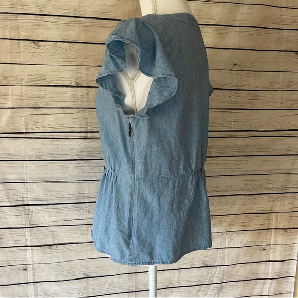J. Crew Chambray Flutter Sleeve Faux Wrap Peplum Top - Picture 7 of 10
